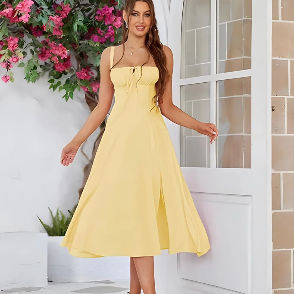 Y2K Flair™ Women's Midi Dress – Solid Ruched Corset Waist, Square Neck Cami